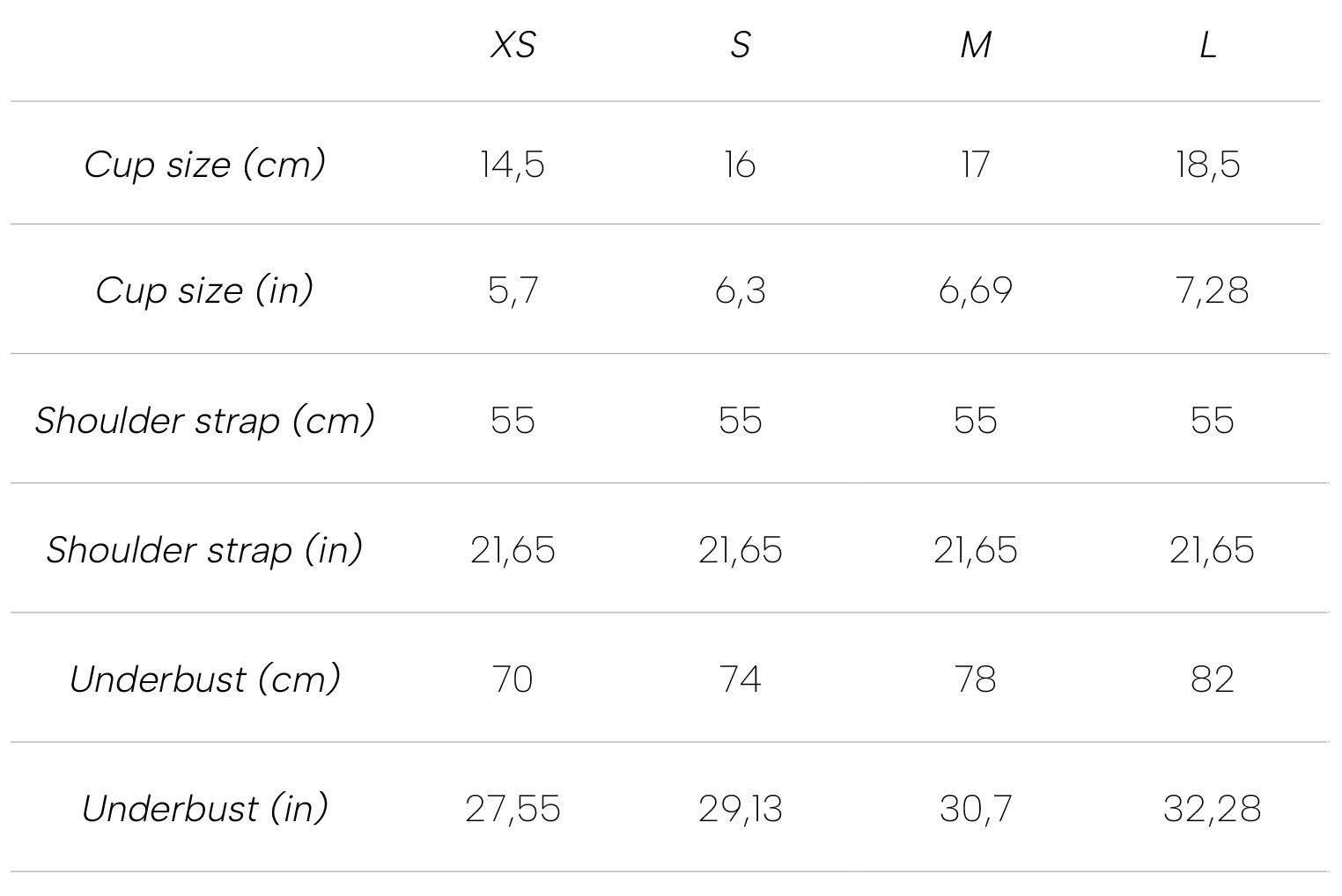 Measurements SPIRAL BRA