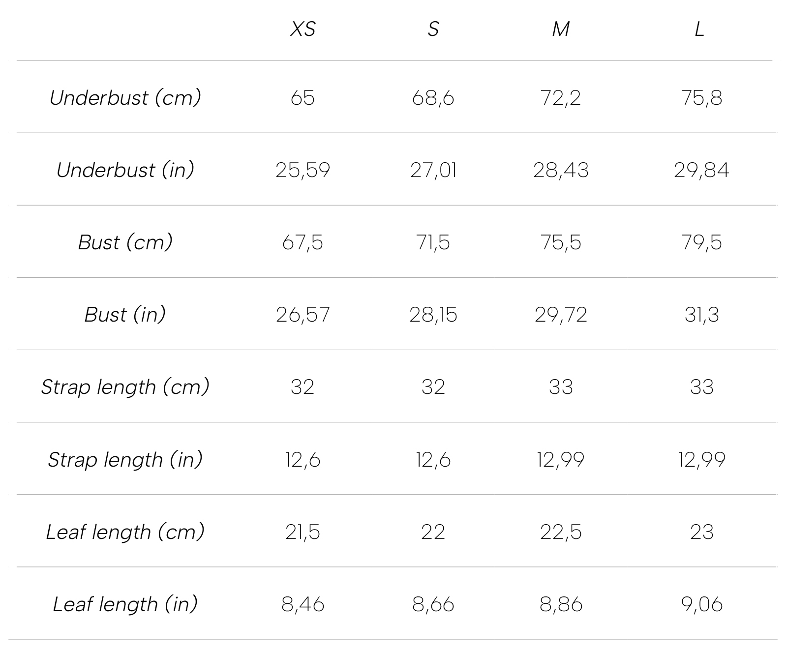 Measurements Yasmin Bralette
